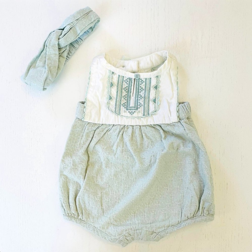 Catherine Malandrino | Baby Girl Romper & Headband | Green | Sz 6-9 Months